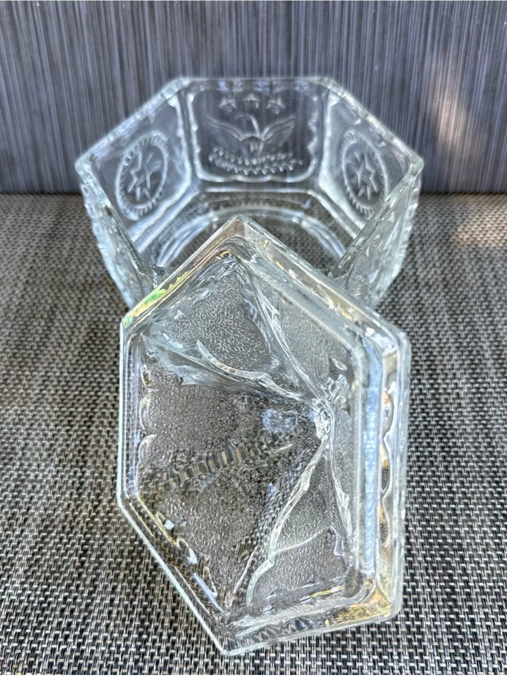 Vntg Glass Candy Dish w/ Lid American Eagle Star Hexagon 6